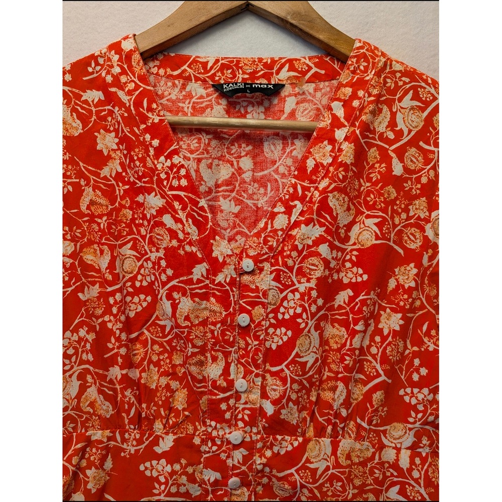 Kalki Koechlin x Max Midi Dress Womens L Red Floral Boho Puff Sleeve Excellent - Picture 3 of 14
